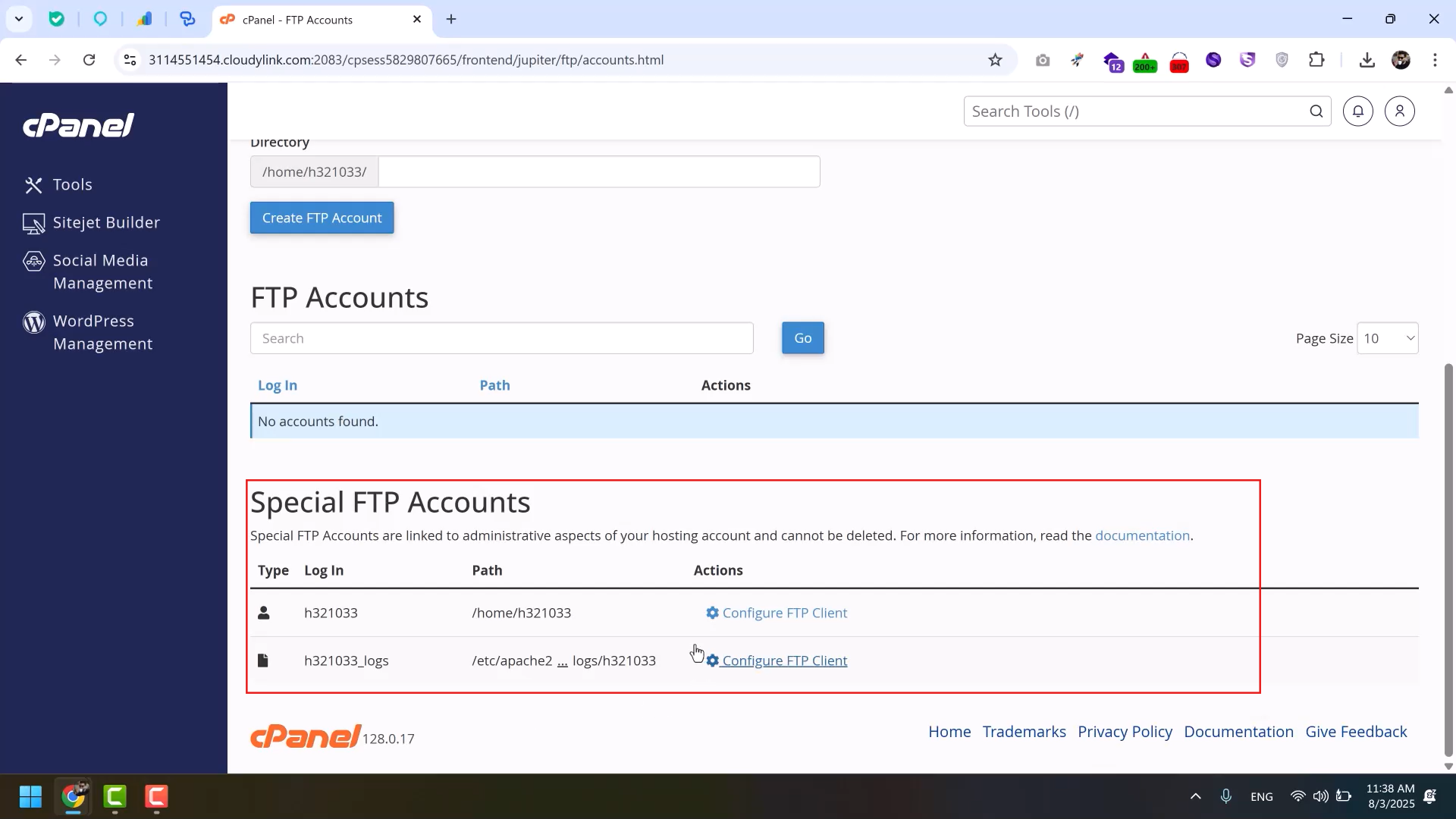 special ftp account